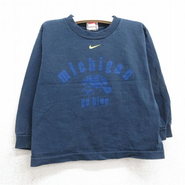 古着 ナイキ NIKE 長袖 ビンテージ Tシャツ キッズ ボーイズ 子供服 00年代 00s ミシガン コットン クルーネック 紺他 ネイビー チェック 25apr10