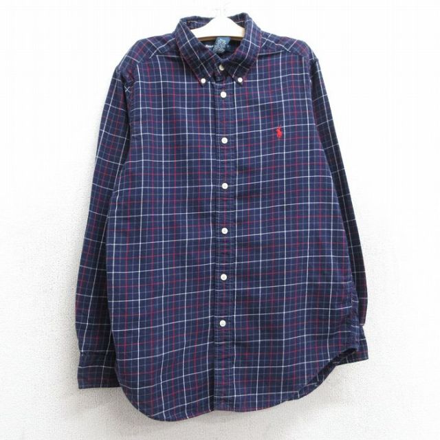 古着 ラルフローレン Ralph Lauren 長袖 ブランド シャツ キッズ ボーイズ 子供服 90年代 90s ワンポイントロゴ コットン ボタンダウン 紺他 ネイビー チェック 25apr10