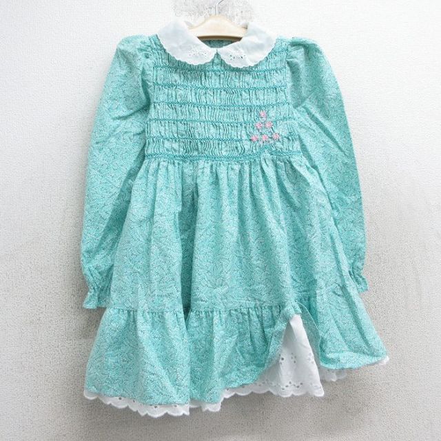 古着 長袖 ワンピース キッズ ガールズ 子供服 80年代 80s 花 葉 総柄 コットン 緑他 グリーン 25apr10