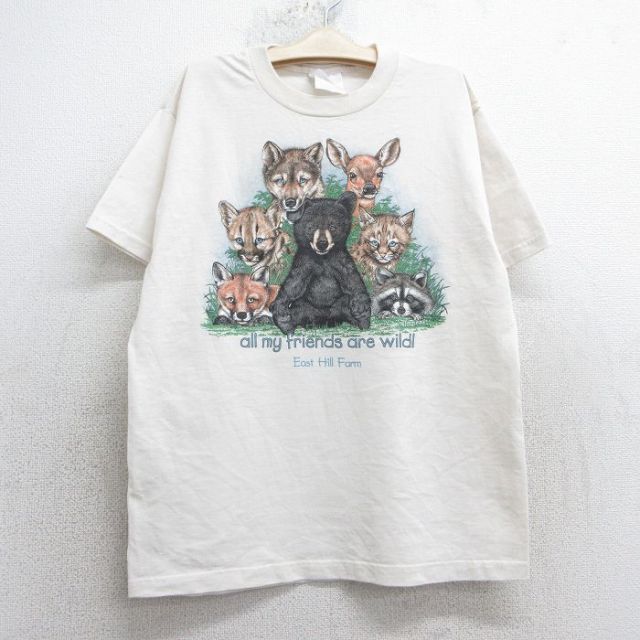 【50%OFF】古着 半袖 ビンテージ Tシャツ キッズ ボーイズ 子供服 90年代 90s クマ キツネ タヌキ クルーネック USA製 生成り 25may07