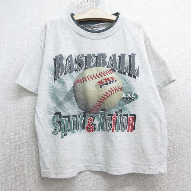 【50%OFF】古着 半袖 ビンテージ Tシャツ キッズ ボーイズ 子供服 90年代 90s ベースボール クルーネック カナダ製 薄グレー 霜降り 25may07