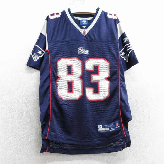 古着 リーボック REEBOK 半袖 ビンテージ フットボール Tシャツ キッズ ボーイズ 子供服 00年代 00s NFL ニューイングランドペイトリオッツ ウェスウェルカー 83 メッシュ地 Vネック 紺 ネイビー ユニフォーム ゲームシャツ アメフト スーパーボウル 25may07