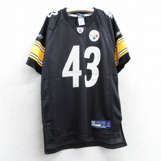 古着リーボック 半袖 ビンテージ フットボール Tシャツ キッズ ボーイズ 子供服 00年代 00s NFL ピッツバーグスティーラーズ トロイポラマル 43 メッシュ地 Vネック 黒 ブラック ユニフォーム ゲームシャツ アメフト スーパーボウル 25may07