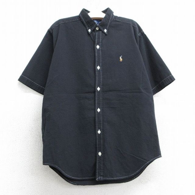古着 ラルフローレン Ralph Lauren 半袖 ブランド シャツ キッズ ボーイズ 子供服 90年代 90s ワンポイントロゴ シアサッカー コットン ボタンダウン 黒 ブラック 25may07