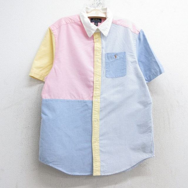 【20%OFF】古着 ラルフローレン Ralph Lauren 半袖 ブランド シャツ キッズ ボーイズ 子ども服 ワンポイントロゴ オックスフォード クレイジーパターン マルチカラー コットン 薄紺他 ネイビー 25jun02