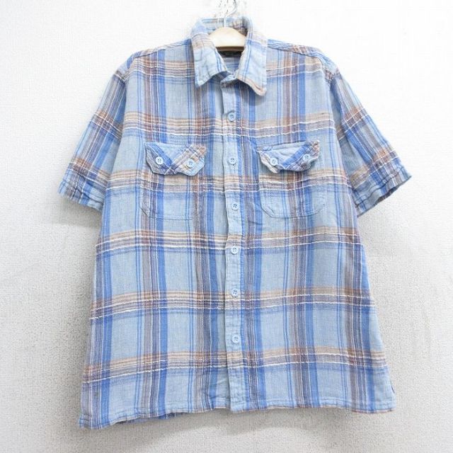 古着 半袖 シャツ キッズ ボーイズ 子ども服 80年代 80s コットン 水色他 チェック 25jun02