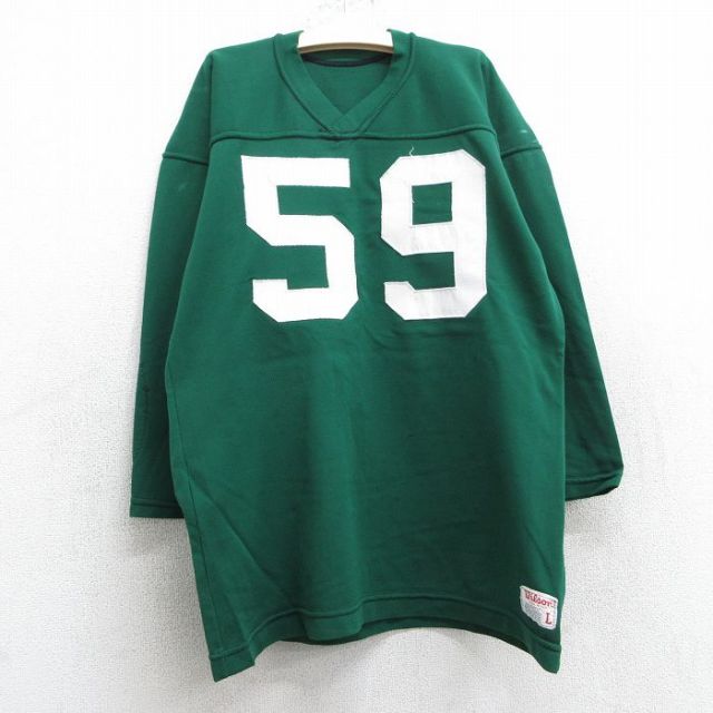 古着 ウィルソン 7分袖 ビンテージ フットボール Tシャツ キッズ ボーイズ 子ども服 80年代 80s 59 Vネック USA製 緑 グリーン 25jun02