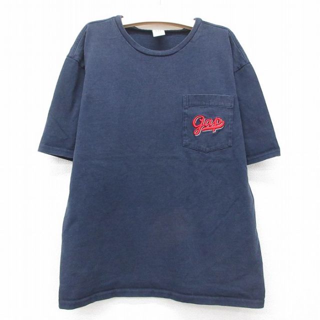古着 ギャップ GAP 半袖 ビンテージ Tシャツ キッズ ボーイズ 子供服 90年代 90s ワンポイントロゴ 胸ポケット付き コットン クルーネック USA製 紺 ネイビー 25jun03