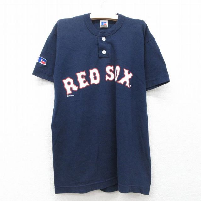 古着 ラッセル 半袖 ビンテージ Tシャツ キッズ ボーイズ 子供服 90年代 90s MLB ボストンレッドソックス ヘンリーネック 紺 ネイビー メジャーリーグ ベースボール 野球 25jun05