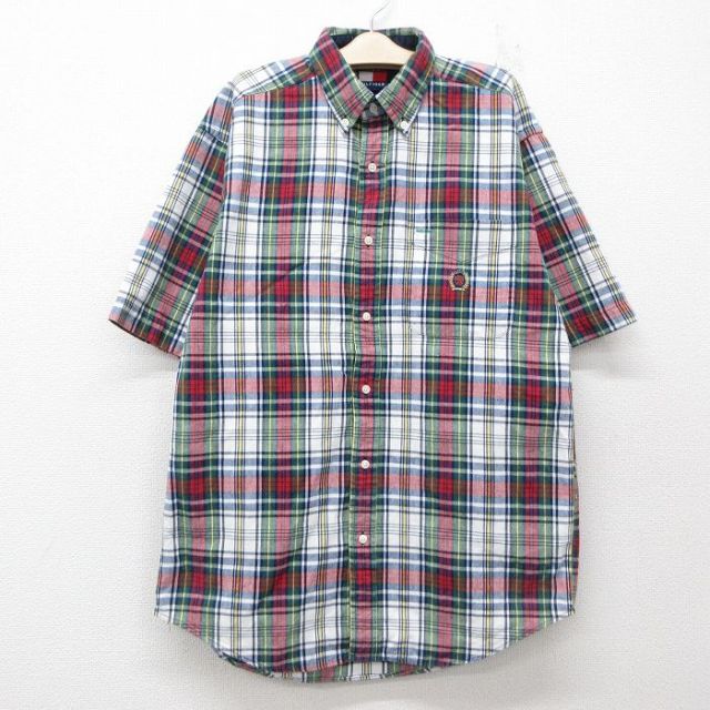 古着 トミーヒルフィガー TOMMY HILFIGER 半袖 ブランド シャツ キッズ ボーイズ 子供服 90年代 90s ワンポイントロゴ コットン ボタンダウン 白他 ホワイト チェック 25jun05