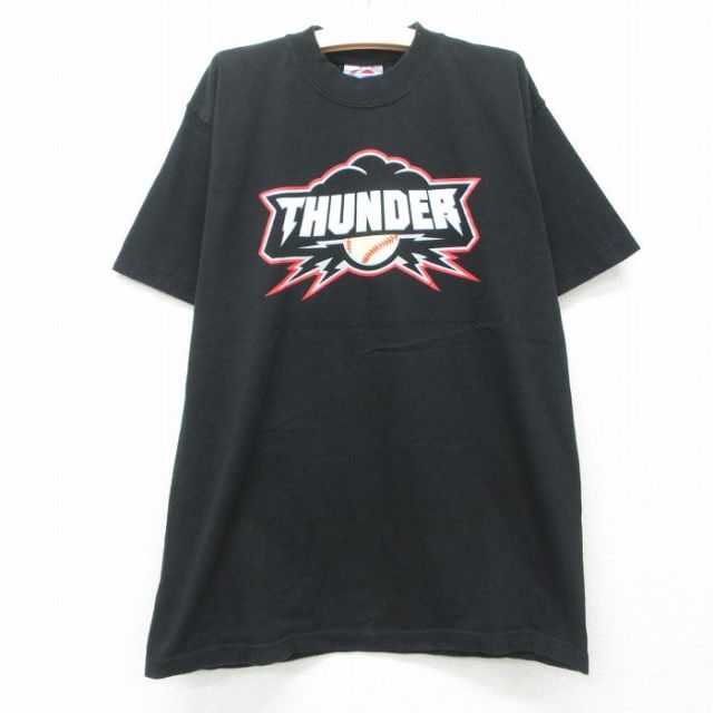 【50%OFF】古着 マジェスティック 半袖 ビンテージ Tシャツ キッズ ボーイズ 子供服 00年代 00s THUNDER 野球 コットン クルーネック 黒 ブラック 25jun06