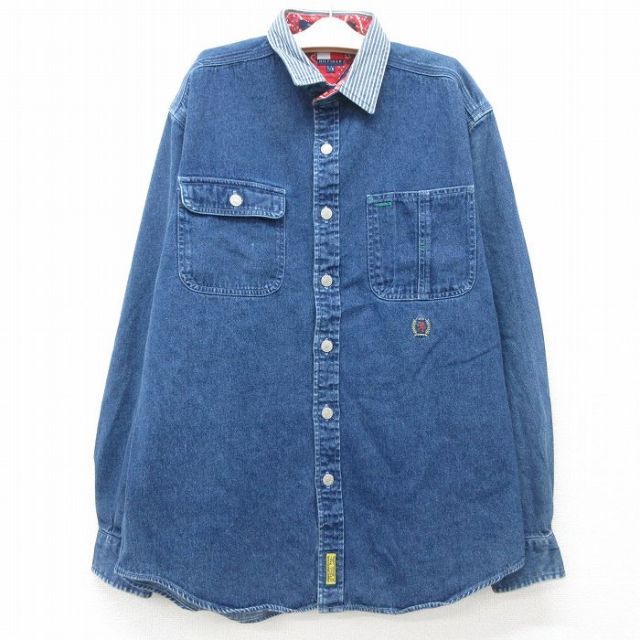 古着 トミーヒルフィガー TOMMY HILFIGER 長袖 ブランド シャツ キッズ ボーイズ 子供服 90年代 90s ワンポイントロゴ コットン 紺 ネイビー デニム 25jun06