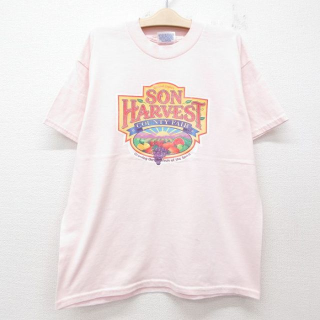 【50%OFF】古着 ヘインズ Hanes 半袖 ビンテージ Tシャツ キッズ ボーイズ 子供服 00年代 00s SON HARVEST フルーツ クルーネック 薄ピンク 25jun14
