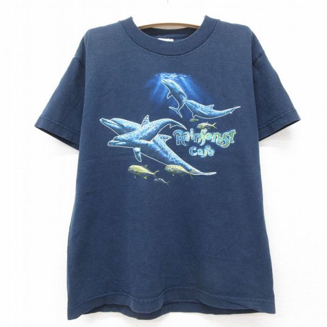 古着 半袖 ビンテージ Tシャツ キッズ ボーイズ 子供服 90年代 90s イルカ 魚 クルーネック USA製 紺 ネイビー 25jun14