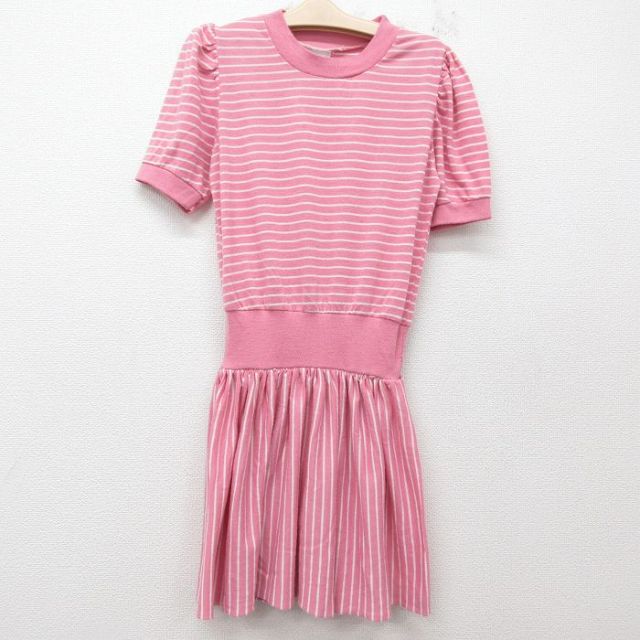 古着 半袖 ビンテージ ワンピース キッズ ガールズ 子供服 90年代 90s USA製 ピンク他 ボーダー 25jun14