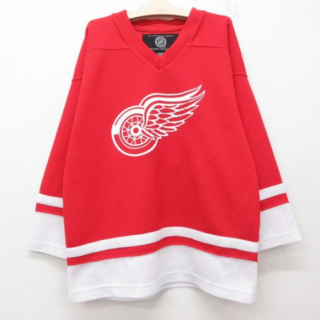 古着 長袖 ビンテージ フットボール Tシャツ キッズ ボーイズ 子供服 00年代 00s NHL デトロイトレッドウィングス Vネック 赤他 レッド アイスホッケー ゲームシャツ ユニフォーム 25jun14