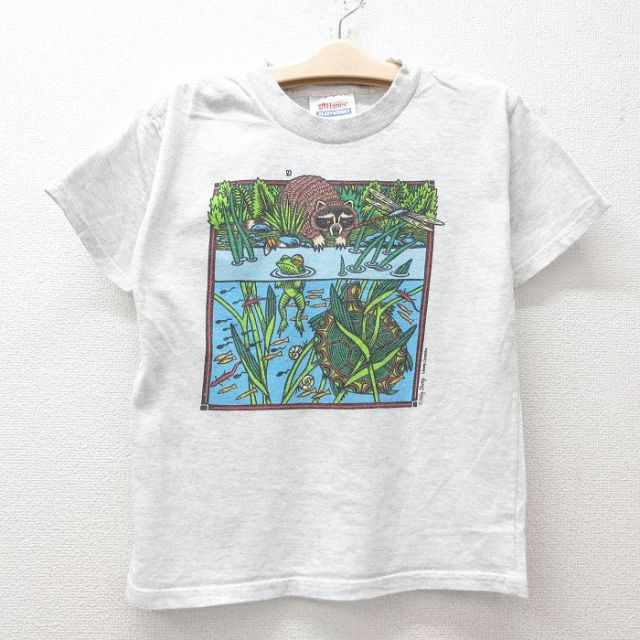 古着 ヘインズ Hanes 半袖 ビンテージ Tシャツ キッズ ボーイズ 子供服 00年代 00s カメ タヌキ カエル クルーネック 薄グレー 霜降り 25jun14