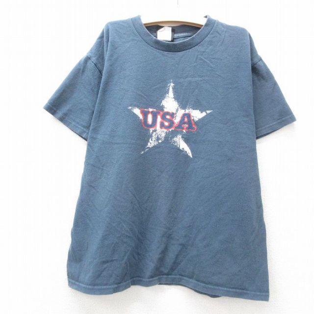 古着 半袖 ビンテージ Tシャツ キッズ ボーイズ 子供服 90年代 90s USAロゴ 星 コットン クルーネック USA製 紺系 ネイビー 25jun14