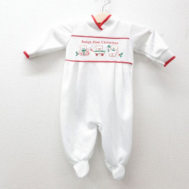 古着 長袖 ビンテージ ロンパース キッズ ボーイズ 子供服 80年代 80s クマ クリスマス Vネック USA製 白他 ホワイト 25jun14