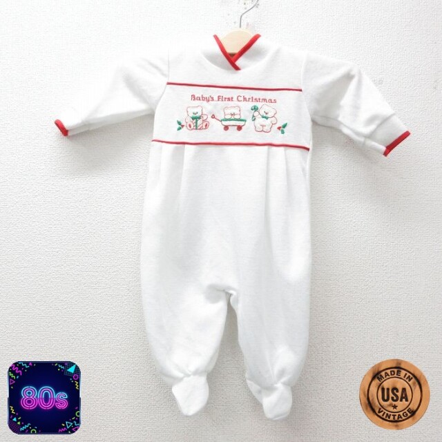 【50%OFF】80s 長袖ロンパース クマクリスマス ホワイト キッズ | 古着