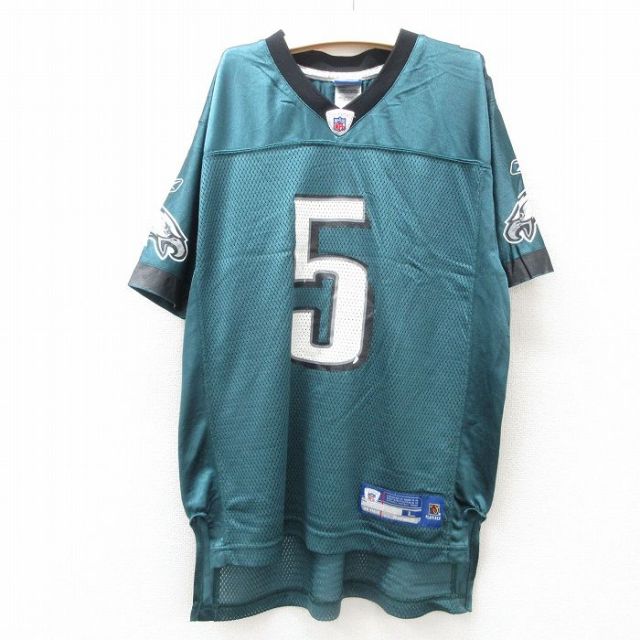 古着 リーボック REEBOK 半袖 ビンテージ フットボール Tシャツ キッズ ボーイズ 子供服 00年代 00s NFL フィラデルフィアイーグルス ドノバンマクナブ 5 メッシュ地 Vネック 緑系他 グリーン アメフト スーパーボウル ユニフォーム ゲームシャツ 25jun14