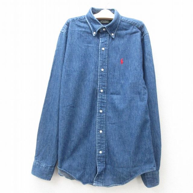 古着 ラルフローレン Ralph Lauren 長袖 シャツ キッズ ボーイズ 子供服 90年代 90s ワンポイントロゴ コットン ボタンダウン USA製 紺 ネイビー デニム 25jun14