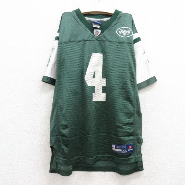 古着 リーボック REEBOK 半袖 ビンテージ フットボール Tシャツ キッズ ボーイズ 子供服 00年代 00s NFL ニューヨークジェッツ ブレッドファーヴ 4 メッシュ地 Vネック 緑 グリーン 25jun28
