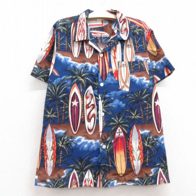古着 半袖 ハワイアン シャツ キッズ ボーイズ 子供服 90年代 90s サーフボード ヤシの木 開襟 オープンカラー USA製 青他 ブルー 25jun28