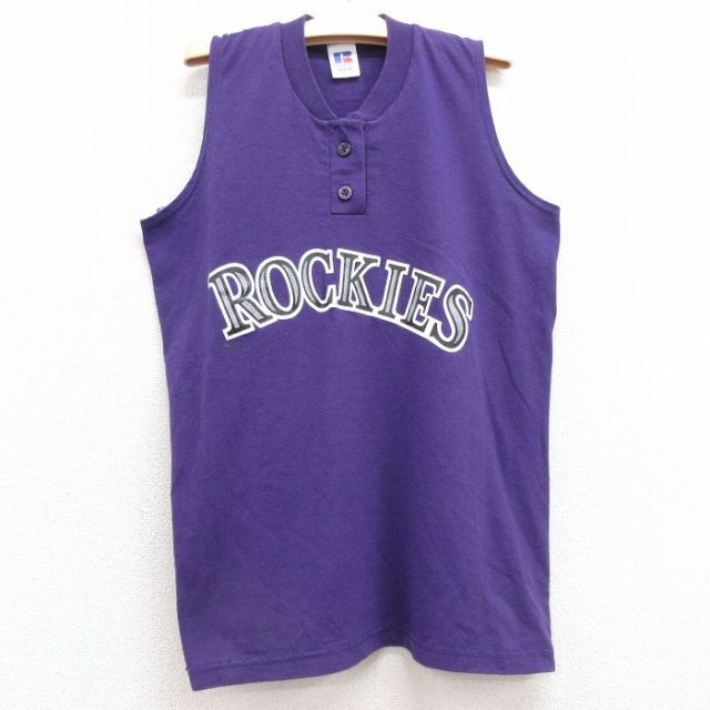 【50%OFF】古着 ラッセル ノースリーブ ビンテージ Tシャツ キッズ ボーイズ 子供服 90年代 90s ROCKIES ヘンリーネック USA製 紫 パープル 25jul24