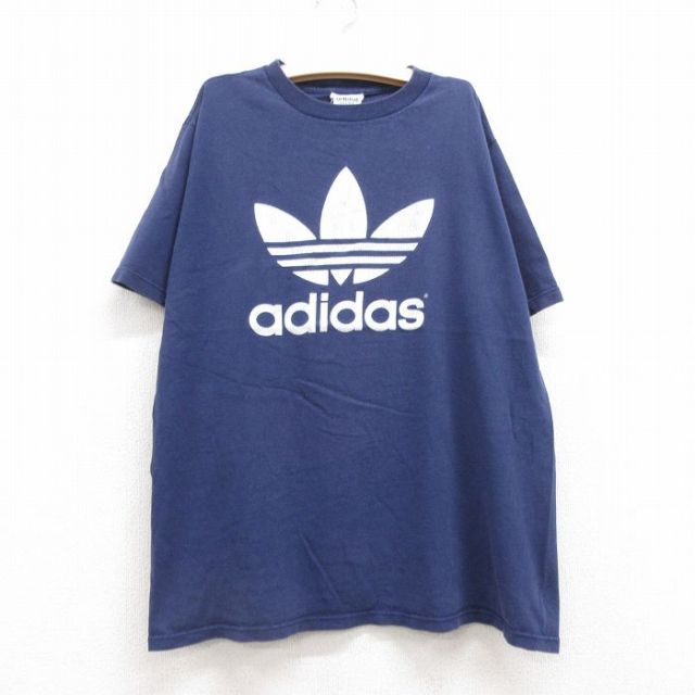 【50%OFF】古着 アディダス adidas 半袖 ビンテージ Tシャツ キッズ ボーイズ 子供服 90年代 90s ビッグロゴ リーフ トレフォイル コットン クルーネック USA製 紺 ネイビー 【spe】 25jul24