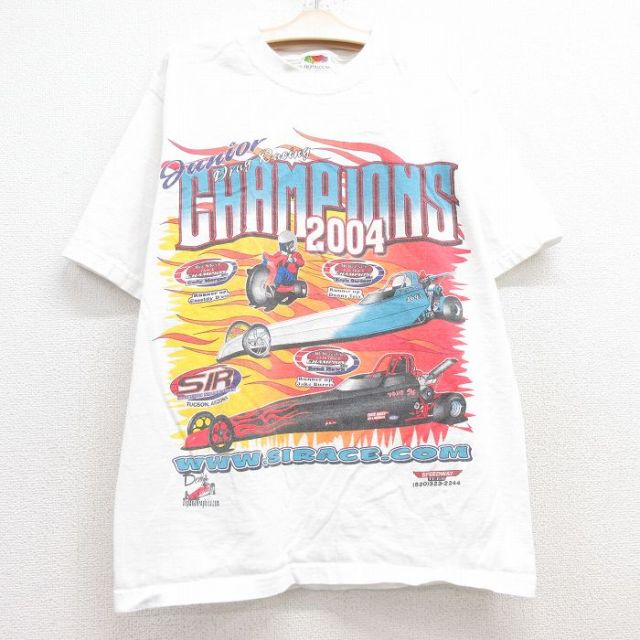 古着 フルーツオブザルーム 半袖 ビンテージ Tシャツ キッズ ボーイズ 子供服 00年代 00s レーシングカー 企業広告 コットン クルーネック 白 ホワイト 25jul24