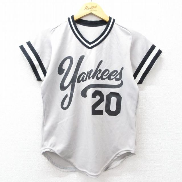 【50%OFF】古着 ウィルソン 半袖 ビンテージ Tシャツ キッズ ボーイズ 子供服 80年代 80s ヤンキース Vネック USA製 グレー他 25aug04