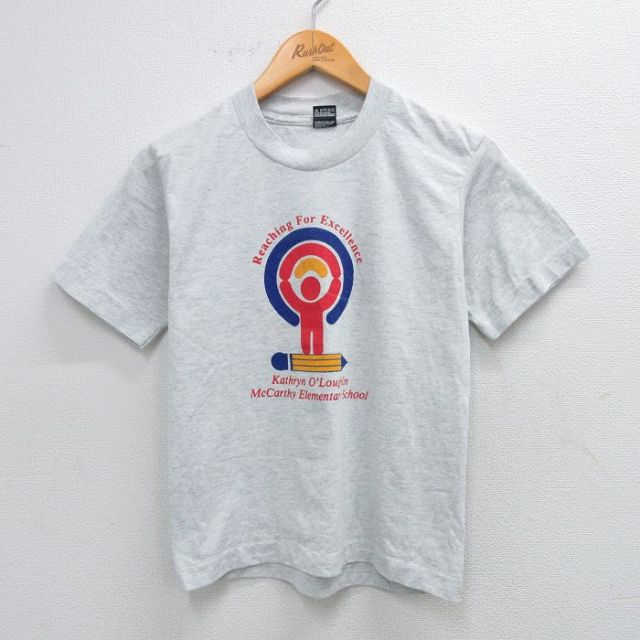 古着 フルーツオブザルーム 半袖 ビンテージ Tシャツ キッズ ボーイズ 子供服 90年代 90s 棒人間 鉛筆 クルーネック USA製 薄グレー 霜降り 25aug06