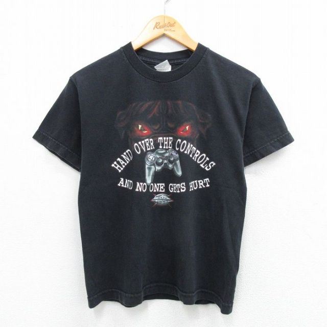 古着 半袖 ビンテージ Tシャツ キッズ ボーイズ 子供服 00年代 00s 犬 ゲーム コットン クルーネック 黒 ブラック 25aug06