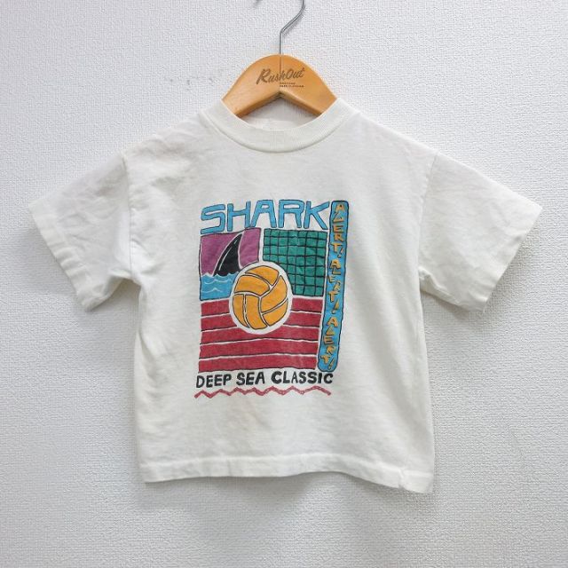 【50%OFF】古着 半袖 ビンテージ Tシャツ キッズ ボーイズ 子供服 80年代 80s サメ ビーチバレー コットン クルーネック USA製 白 ホワイト 25aug06