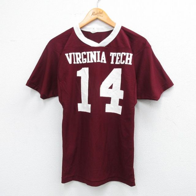 古着 半袖 ビンテージ フットボール Tシャツ キッズ ボーイズ 子供服 80年代 80s バージニア 14 Vネック エンジ 25aug06