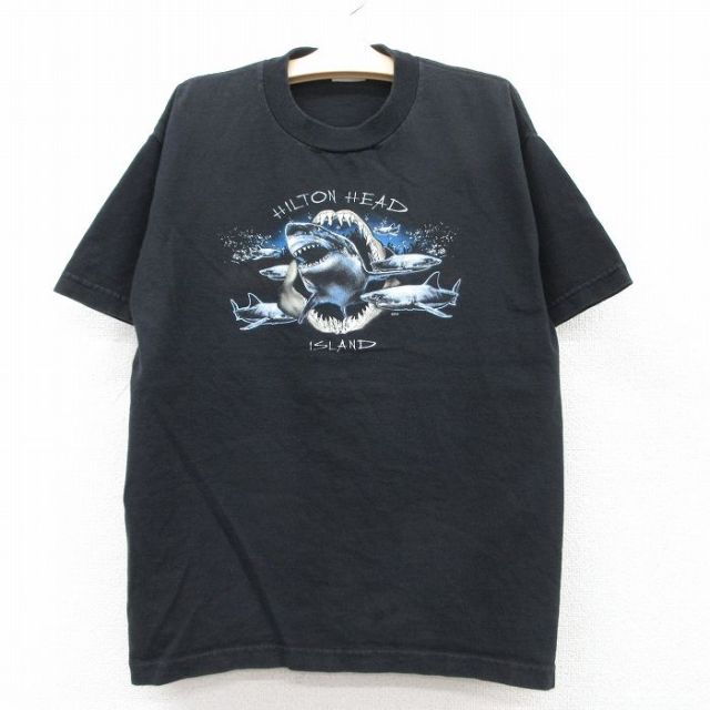 古着 半袖 ビンテージ Tシャツ キッズ ボーイズ 子供服 90年代 90s サメ コットン クルーネック 黒 ブラック 25aug06
