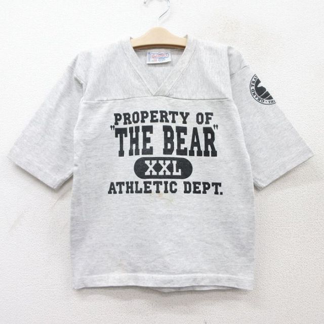 古着 半袖 ビンテージ フットボール Tシャツ キッズ ボーイズ 子供服 90年代 90s THE BEAR Vネック USA製 薄グレー 霜降り 25sep02