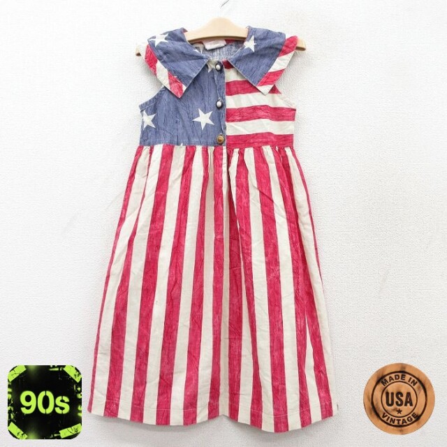 【50%OFF】ノースリーブ ワンピース キッズ ガールズ 子供服 90s 星条旗 コットン USA製 赤他 レッド | 古着