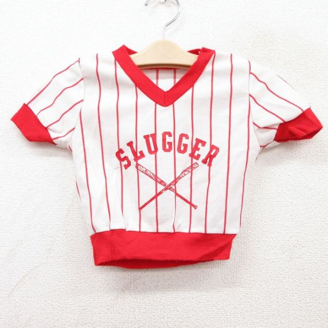 古着 半袖 ビンテージ Tシャツ キッズ ボーイズ 子供服 80年代 80s SLUGGER ベースボール Vネック 赤他 レッド ストライプ 25sep02