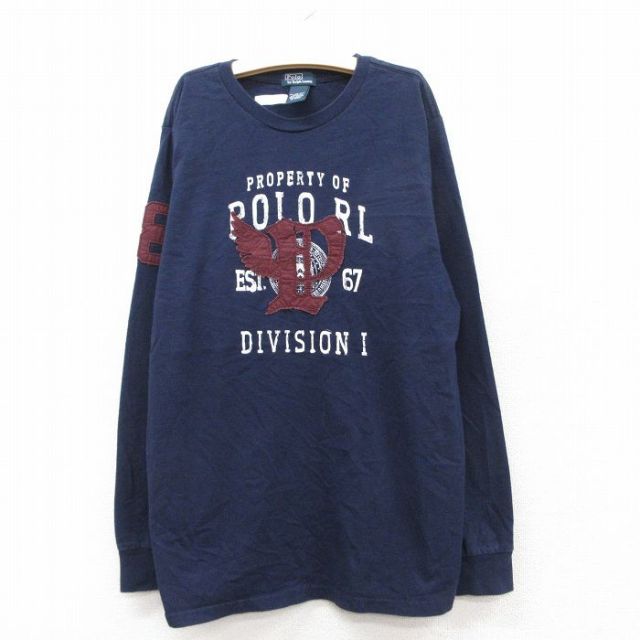古着 ラルフローレン Ralph Lauren 長袖 ブランド Tシャツ キッズ ボーイズ 子供服 90年代 90s ビッグロゴ コットン クルーネック 紺 ネイビー 25sep02