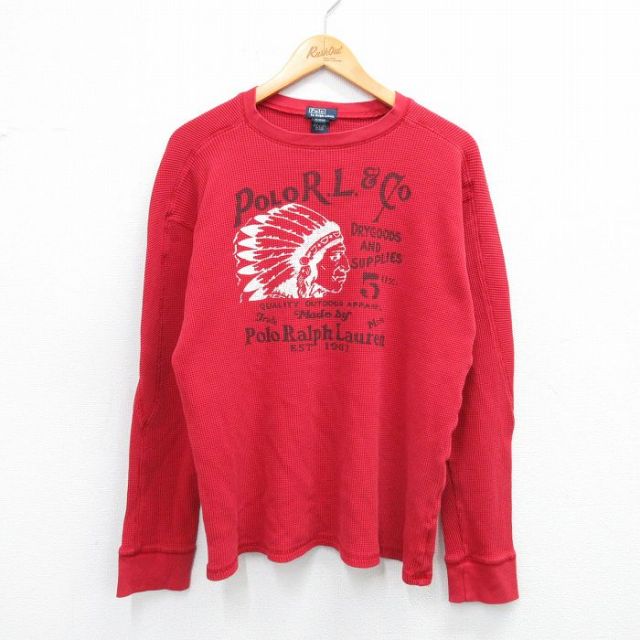 古着 ラルフローレン Ralph Lauren 長袖 ブランド サーマル Tシャツ キッズ ボーイズ 子供服 90年代 90s ビッグロゴ インディアン コットン クルーネック 赤 レッド 25sep03