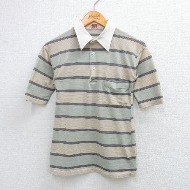 古着 半袖 ポロ シャツ キッズ ボーイズ 子供服 80年代 80s ベージュ他 カーキ ボーダー 25sep03
