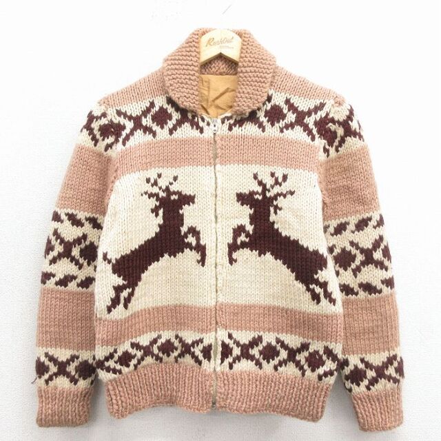 古着 長袖 フルジップ カウチン ニット カーディガン キッズ ボーイズ 子供服 80年代 80s シカ 生成り 26jan09