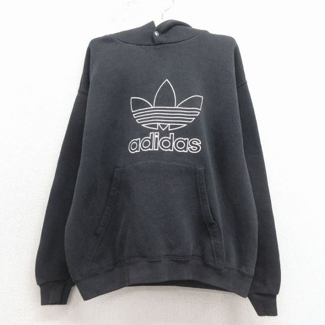 古着 アディダス adidas 長袖 スウェット パーカー キッズ 子供服 90年代 90s ビッグロゴ リーフトレフォイル USA製 黒 26jan31