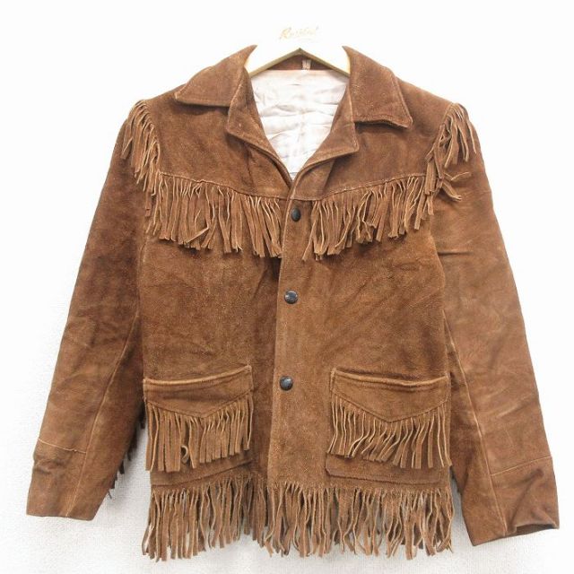 古着 長袖 スエード レザー ジャケット キッズ ボーイズ 子供服 80年代 80s フリンジ 茶 26feb04