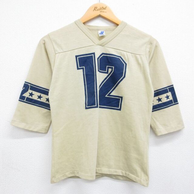 古着 7分袖 ビンテージ フットボール Tシャツ キッズ 子供服 90年代 90s 12 Vネック USA製 ベージュ 26may23