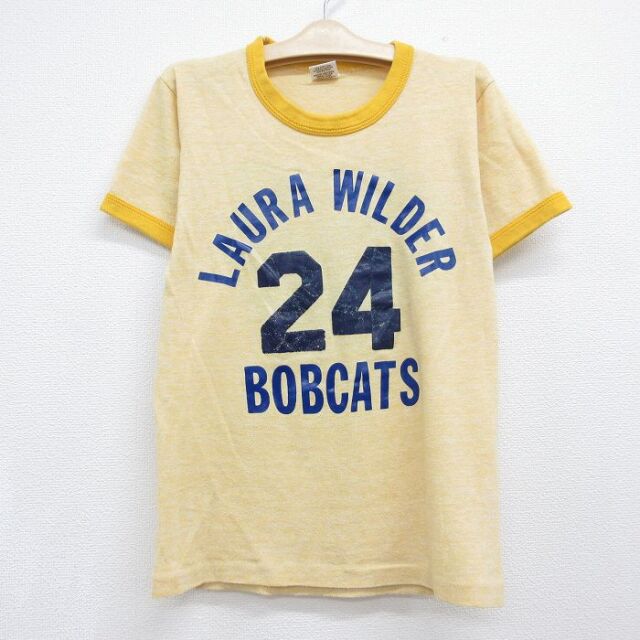 古着 ラッセル 半袖 ビンテージ Tシャツ キッズ ボーイズ 子供服 70年代 70s BOBCATS 24 クルーネック USA製 イエロー リンガー【spe】 26jul06