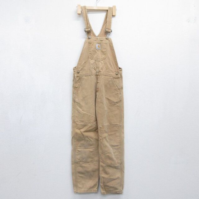 古着 カーハート オーバーオール キッズ ボーイズ 子供服 90年代 90s ダック地 ダブルニー コットン USA製 ブラウン【spe】 26jul15
