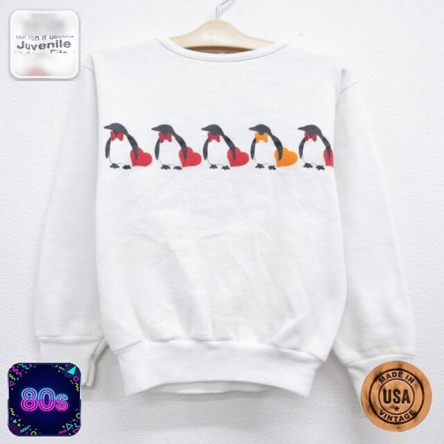 80s 長袖スウェット ペンギン ハート ホワイト キッズ | 古着